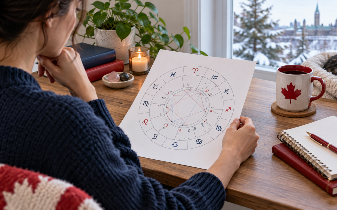 Person studying a natal birth chart at a modest Canadian home-office desk